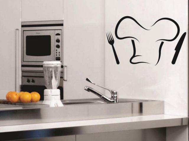 stickers-muraux-cuisine-25-idées-originales-toque-cuisinier-couteau-fourchette stickers muraux