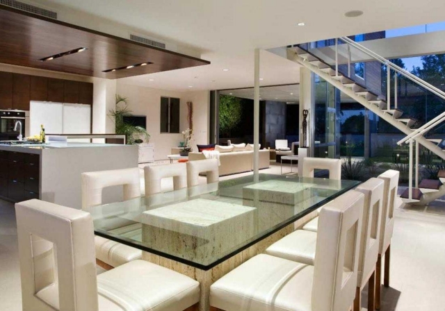 table salle à manger luxe-plateau-verre-bases-marbre
