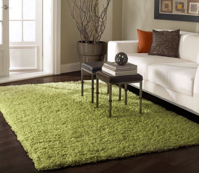 tapis-shaggy-salon-moderne-élégant-vert-clair-canapé-blanc tapis shaggy
