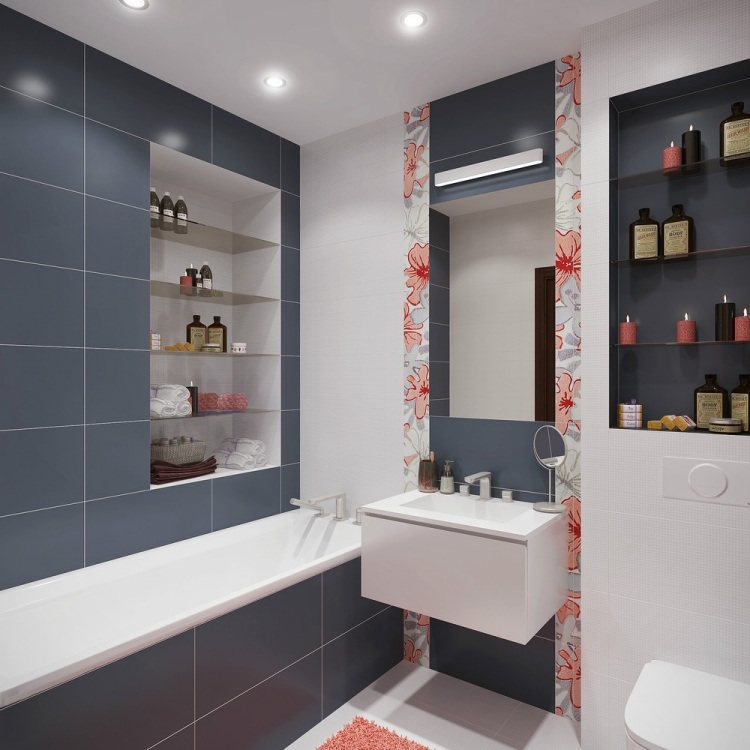 aménagement-salle-bains-carrelage-gris-motifs-floraux aménagement salle de bains