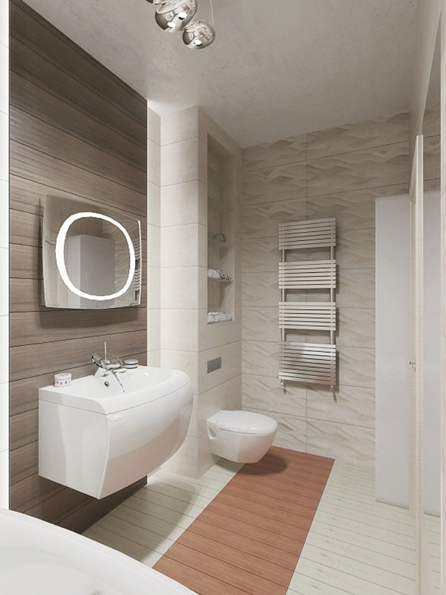 aménagement-salle-bains-carrelage-mural-beige-aspect-bois aménagement salle de bains