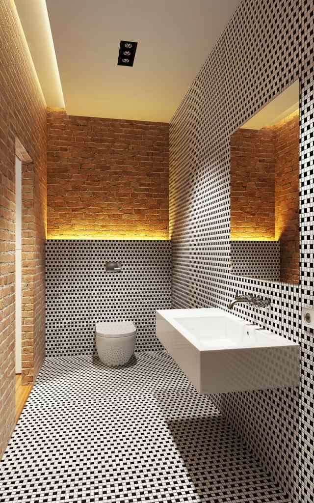 aménagement-salle-bains-mosaique-noir-blanc-lavabo-élégant aménagement salle de bains