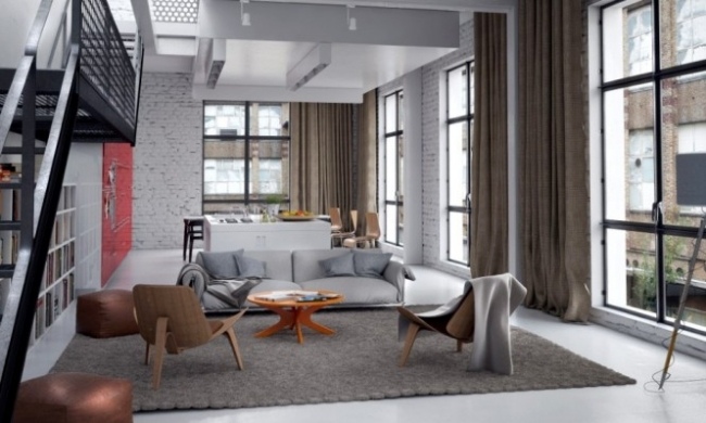 appartement-loft-canapé-tissu-gris-murs-briques