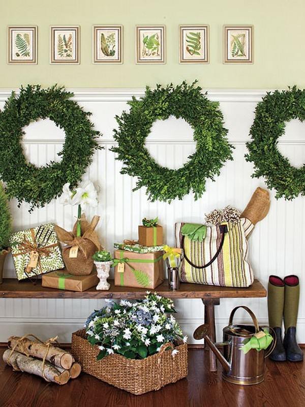 brico-Noël-couronnes-vertes-déco-boîtes-cadeaux-papier-vert brico de Noël