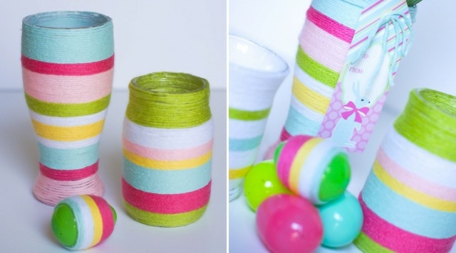bricolage-Pâques-pot-verre-vases-fil-couleurs bricolage de Pâques
