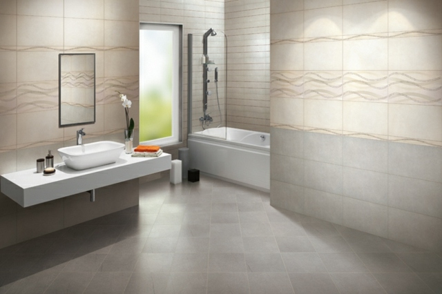 carrelage-mural-salle-bains-gris-beige-clair-motifs-ondes carrelage mural salle de bains