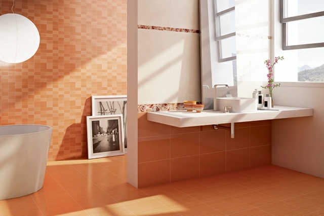 carrelage-mural-salle-bains-orange-chaud-mosaique carrelage mural salle de bains
