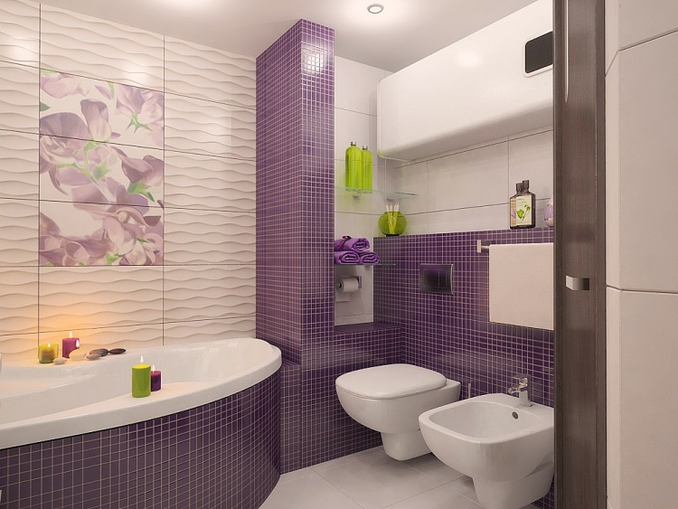 carrelage mural salle de bains relief-blanc-violet-tablier