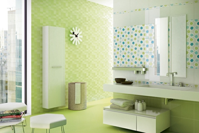 carrelage-mural-salle-bains-vert-anis-blanc-motifs-pois-multicolores carrelage mural salle de bains