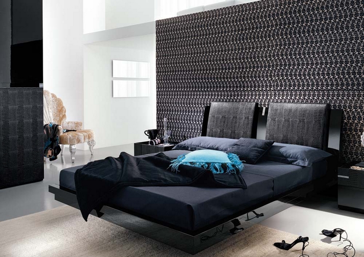 chambre adulte de design moderne avec lit flottant et papier peint
