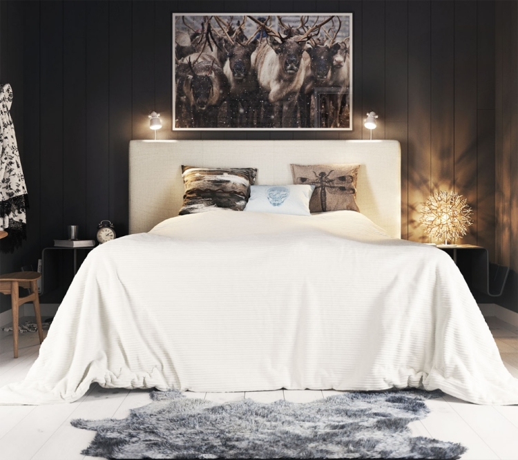 chambre-coucher-éclectique-lit-blanc-coussins-marron-mur-bois décoration intérieure