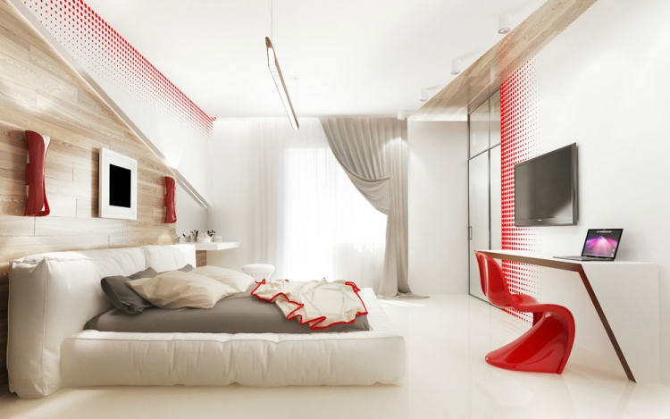 chambre-coucher-adulte-blanche-revêtement-mural-bois-clair-accents-rouges