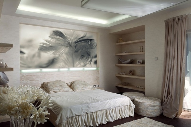 chambre-coucher-adulte-fleurs-décoratives-tableau-3d-étagères-bois