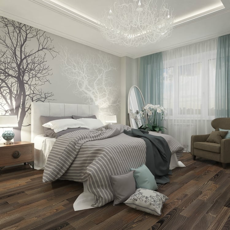 chambre-coucher-adulte-literie-grise-tête-lit-blanche-papier-peint chambre à coucher adulte