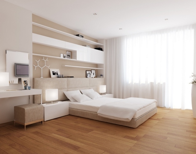 chambre-coucher-adulte-étagères-bois-clair-lampes-chevet-rideaux-blancs chambre à coucher adulte