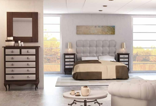 chambre-coucher-complète-accents-gris-marron-sombre-tabouret-blanc chambre à coucher complète
