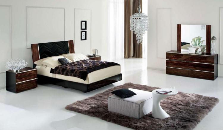 chambre-coucher-complète-lit-noir-marron-tapis-pouf-table