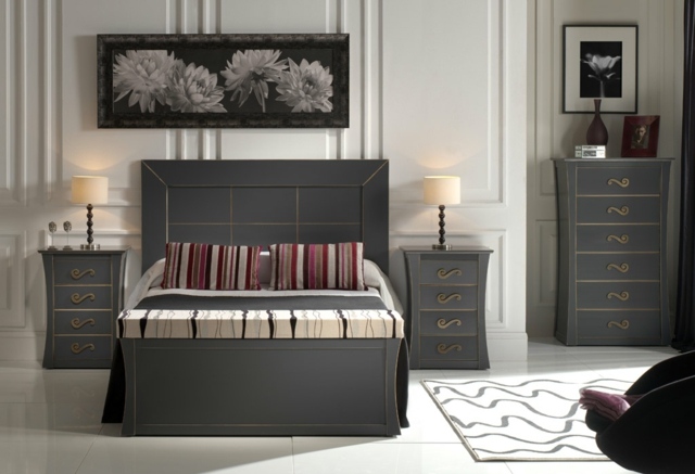 chambre-coucher-complète-mobilier-gris-tableau-noir-blanc chambre à coucher complète