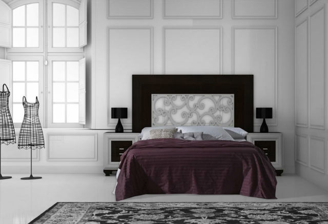 chambre-coucher-complète-noir-blanc-lampes-noires chambre à coucher complète