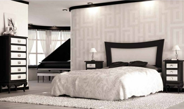 chambre-coucher-complète-papier-peint-motifs-géométriques-mobilier-bois chambre à coucher complète