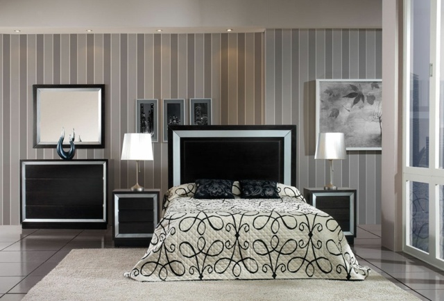 chambre-coucher-complète-papier-peint-rayures-mobilier-noir
