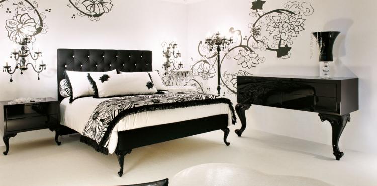 chambre-coucher-complète-stickers-décoratifs-mobilier-laqué-noir-lit
