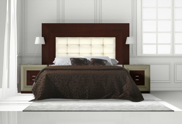 chambre-coucher-complète-tête-lit-bois-sombre-cuir chambre à coucher complète