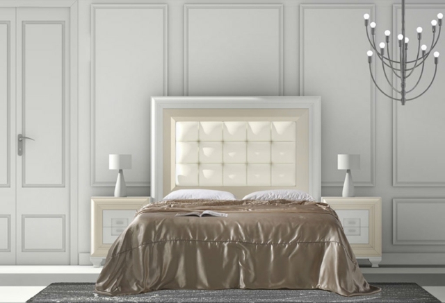 chambre-coucher-complète-tête-lit-cuir-blanc-literie-beige chambre à coucher complète