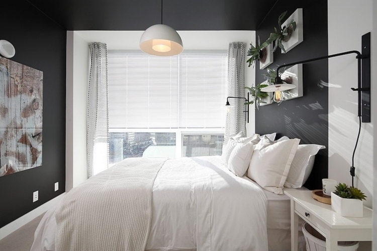 chambre-coucher-noir-blanc-déco-plantes-vertes