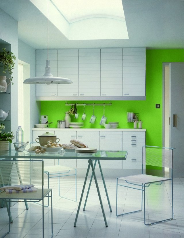 couleur-cuisine-vert-néon-armoires-blanches couleur cuisine