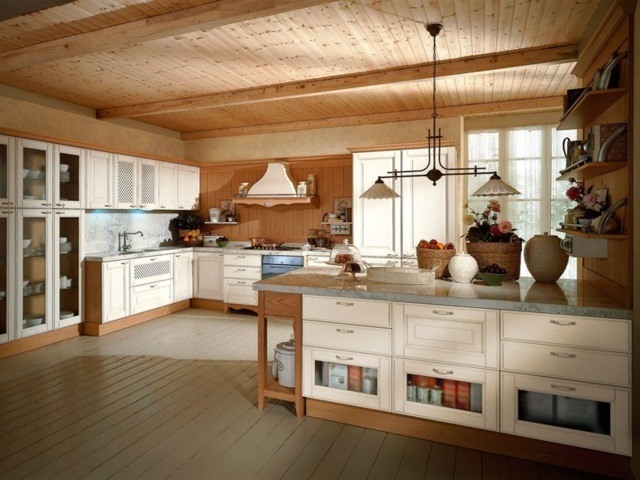 cuisine-campagne-îlot-rangement-armoires-bois-blanches