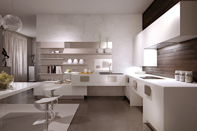 cuisine-moderne-minimaliste-blanche-revêtement-mural-bois cuisine moderne