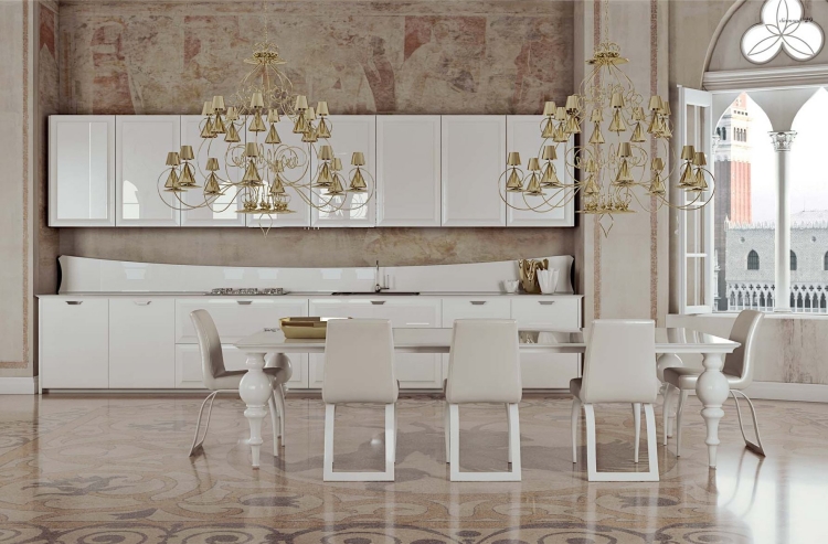 cuisine-moderne-minimaliste-classique-lustres-or-mobilier-blanc cuisine moderne