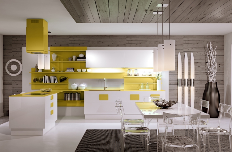 cuisine-moderne-minimaliste-gris-blanc-accents-jaunes cuisine moderne