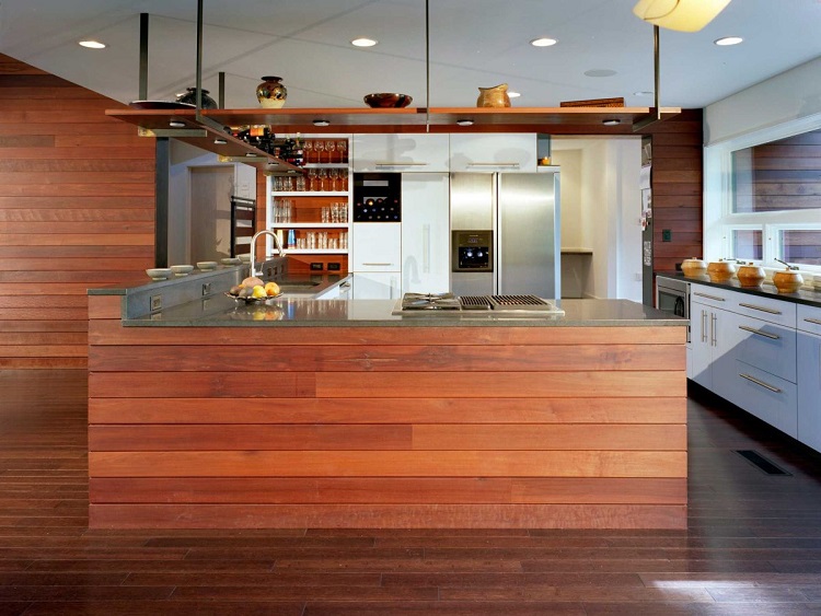 cuisine moderne plancher massif revêtement mur ilot assorti