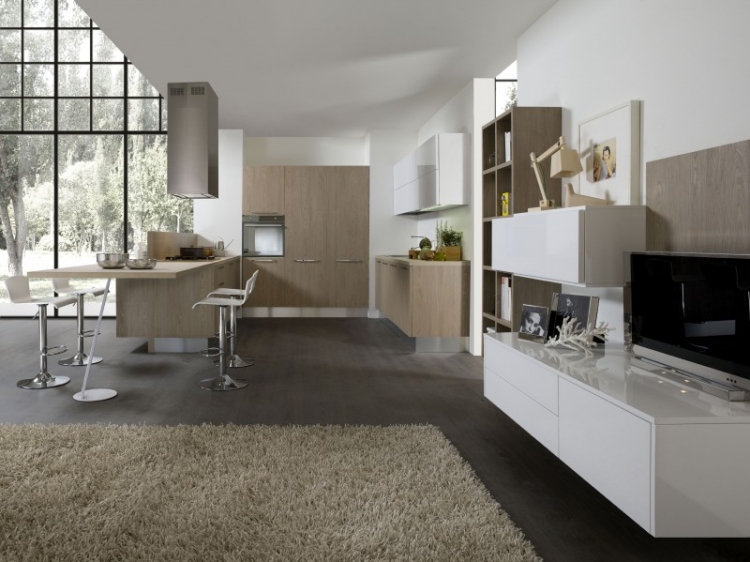 cuisine-ouverte-armoires-bois-clair-meuble-tv-blanc-tapis-beige