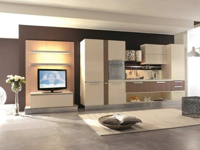 cuisine-ouverte-armoires-bois-clair-meuble-tv-tapis-beige