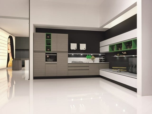 cuisine-ouverte-armoires-bois-clair-mur-marron-sombre-accents-blanc-vert