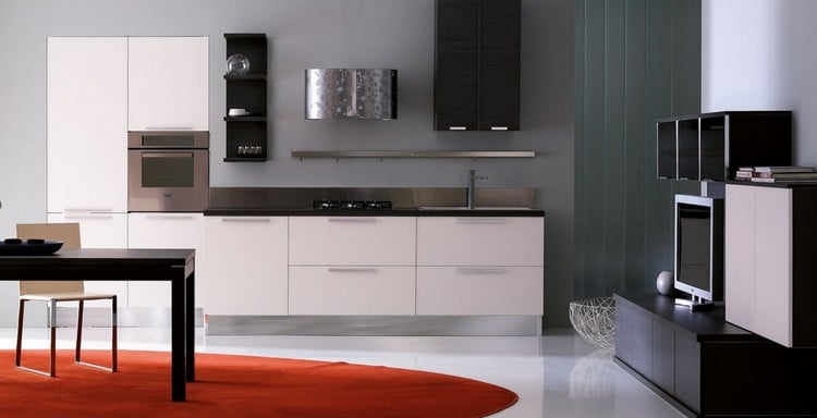 cuisine ouverte -moderne-noir-blanc-meuble-tv