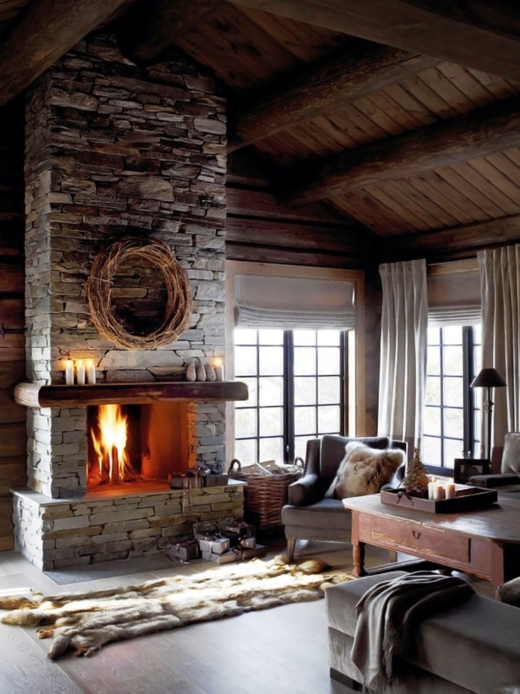 déco-intérieur-style-chalet-cheminée-pierre-tapis-fourrure