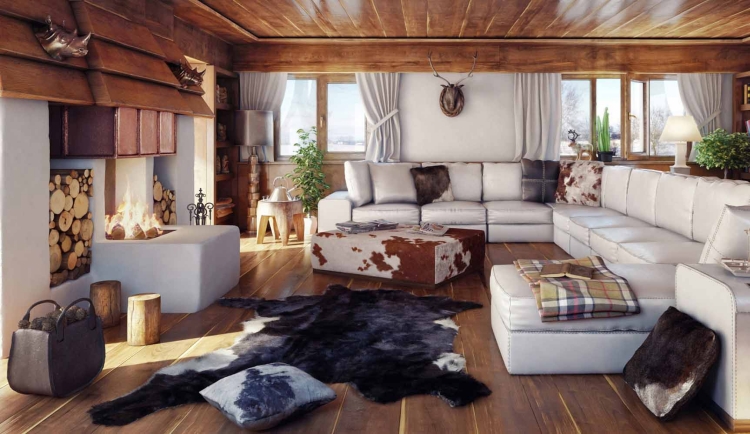 déco-intérieur-style-chalet-tapis-fourrure-cheminée-sol-bois déco intérieur