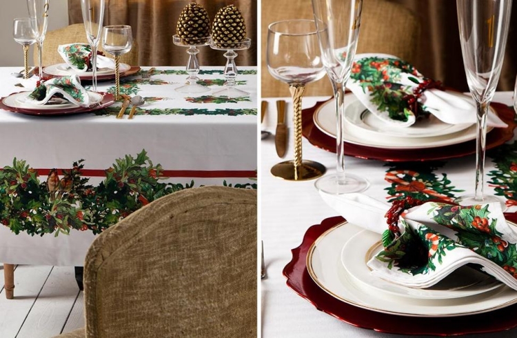déco-table-Noël-nappe-blanche-motifs-hiver-pommes-pin déco table Noël