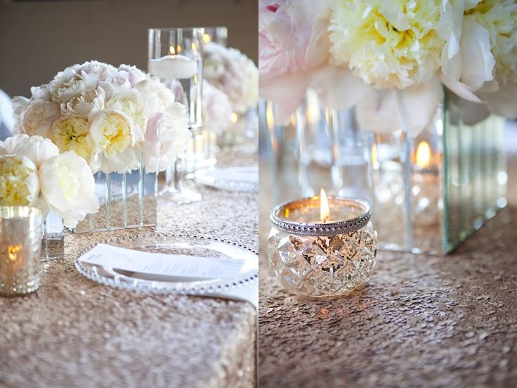 déco-table-mariage-hiver-nappe-paillettes-argent-fleurs déco table mariage