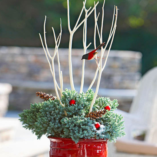 décoration-de-Noël-espace-extérieur-cones-pin-oiseaux