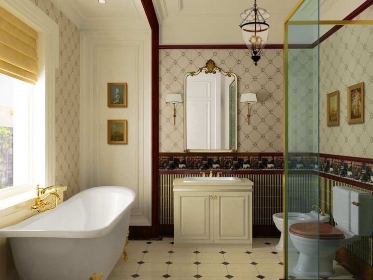 décoration-salle-bains-style-vintage-idées-murs-luminaires-miroir