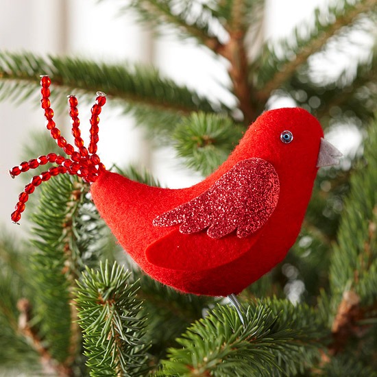 décoration-sapin-Noël-ornements-feutre-oiseau-rouge-poudre-paillettes