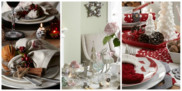 décoration-table-Noël-sapins-Noel-blancs-décoratifs-pommes-pin-bougies-rond-serviette décoration de table