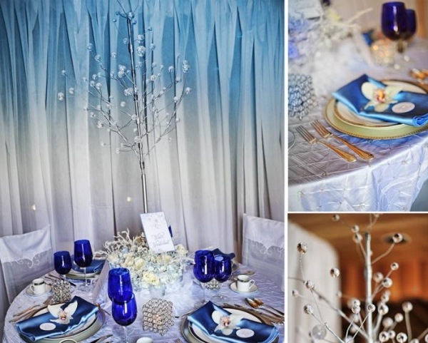 décoration-table-Noël-thème-hiver-bleu-blanc-arbre-décoratif-fleurs-orchidée-blanche décoration table