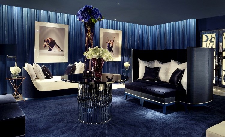 décorer-maison-bleu-foncé-tabeaux-décoratifs-rideaux-plafond-design-spots-led