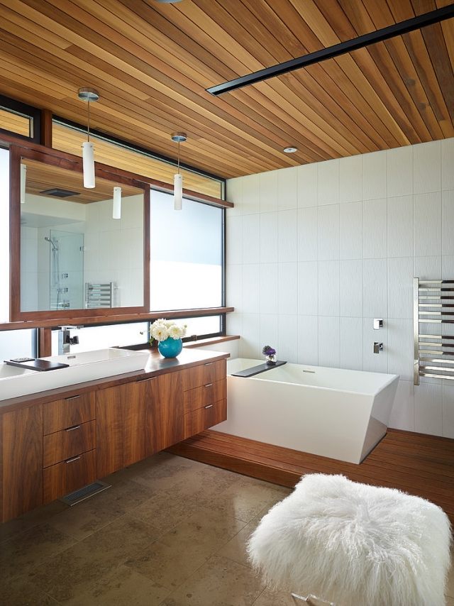 design salle de bains lambris bois meubles suspendus